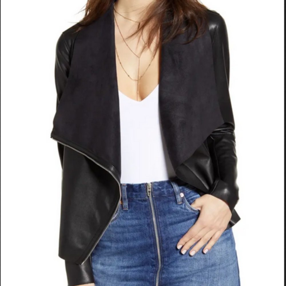 BLANKNYC Onto the Next Faux Leather Drape Front Jacket